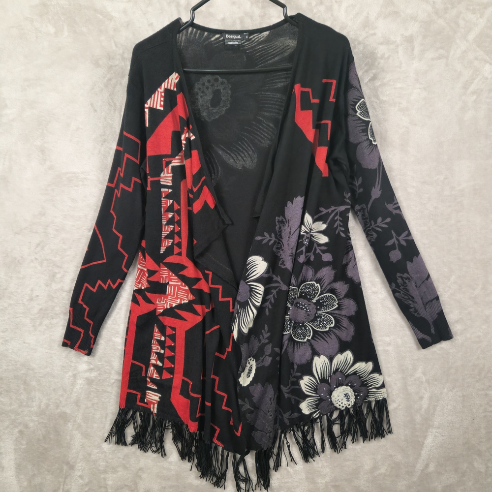 Desigual Floral Cardigan Sweater Womens Size M Black Red Boho Fringe Western
